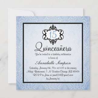 Elegantes Blue/Black Chic Damask Quinceanera Einla Einladung