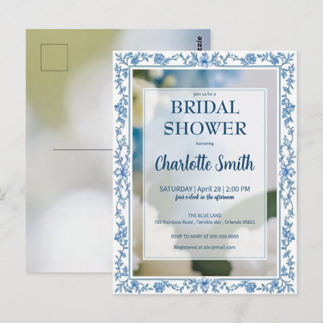 Elegantes Blue Blume Chinoiserie Brautparty Postkarte (Vorne/Hinten)