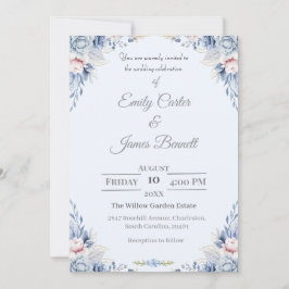 Elegantes Blue & Blush Blues Hochzeitsempfang Einladung