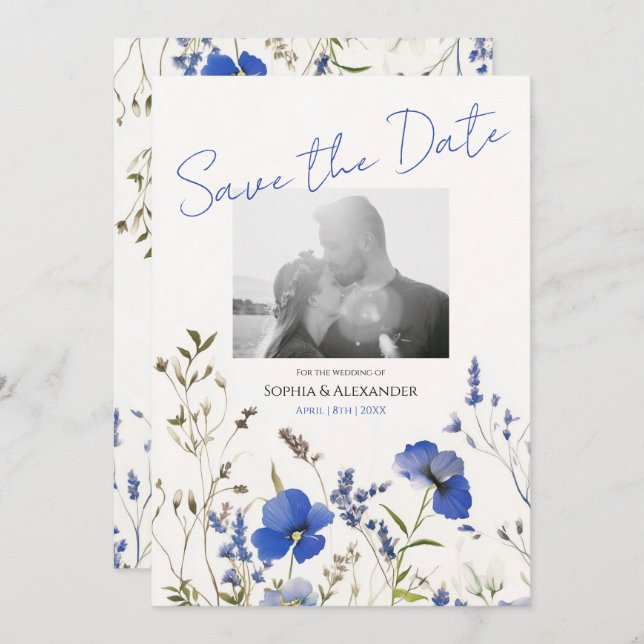Elegantes Blue Boho Wildblumen Foto Save the Date Einladung (Vorne/Hinten)