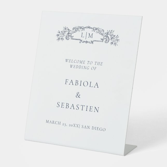 Elegantes Blue botanisches Wappen Monogramm Begrüß Sockelschild (Vorderseite)