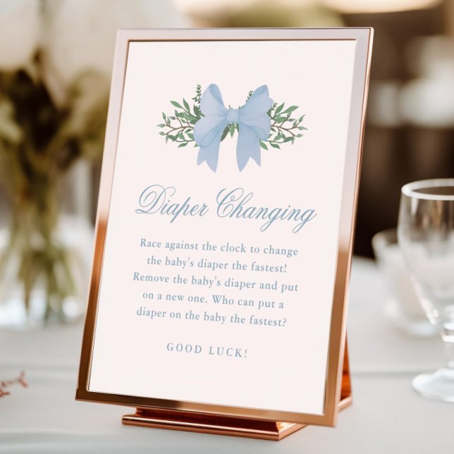 Elegantes Blue Bow Boys Baby Shower Diaper wechsel Fotodruck (Elegant blue bow diaper changing baby shower game sign.)