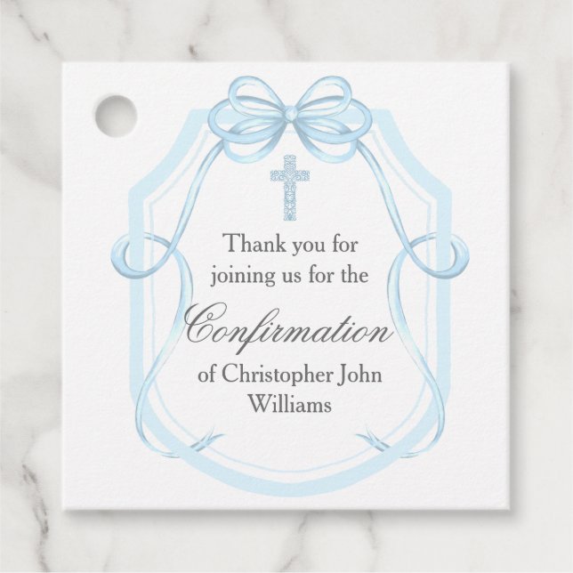 Elegantes Blue Bow Ribbon Confirmation Party Geschenkanhänger (Vorderseite)