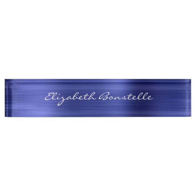 Elegantes Blue Brushed Metal Foil Handwriting Namensplakette (Vorderseite)