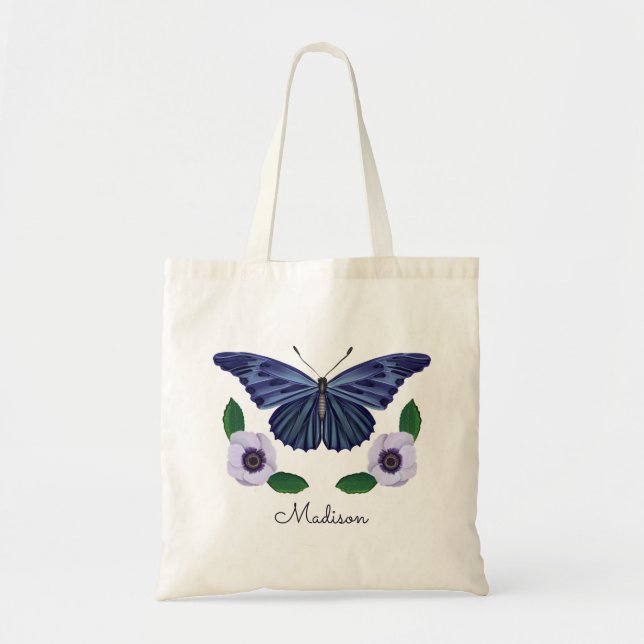Elegantes Blue Butterfly Personalisiertes Script Tragetasche (Vorne)