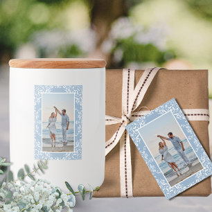 Elegantes Blue Chic Foto Border Wedding Labels Lebensmitteletikett