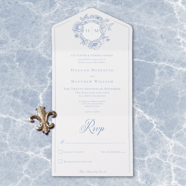 Elegantes Blue Chinoiserie Bird Wappen Hochzeit All In One Einladung (Elegant Blue Chinoiserie Bird Crest Wedding All In One Invitation)