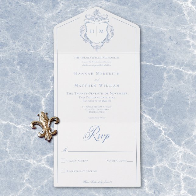 Elegantes Blue Chinoiserie Bird Wappen Hochzeit All In One Einladung (Elegant Blue Chinoiserie Bird Crest Wedding All In One Invitation)