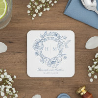Elegantes Blue Chinoiserie Bird Wappen Hochzeit