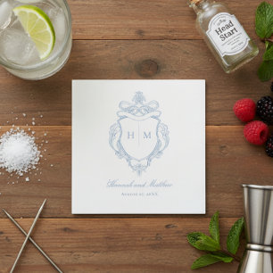 Elegantes Blue Chinoiserie Bird Wappen Hochzeit Serviette