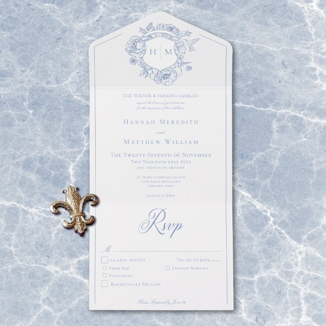 Elegantes Blue Chinoiserie Bird Wappen Hochzeitsfe All In One Einladung (Elegant Blue Chinoiserie Bird Crest Wedding Dinner All In One Invitation)