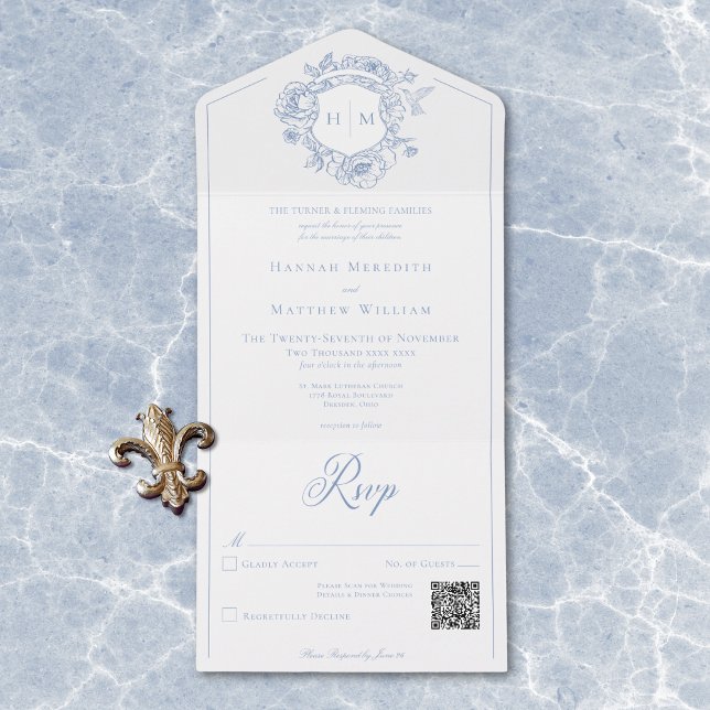 Elegantes Blue Chinoiserie Bird Wappen Wedding QR All In One Einladung (Elegant Blue Chinoiserie Bird Crest Wedding QR All In One Invitation)