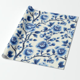 Elegantes Blue Chinoiserie Blumenmuster Design Geschenkpapier