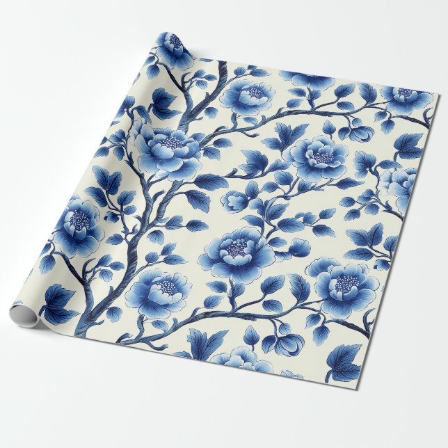 Elegantes Blue Chinoiserie Blumenmuster Design Geschenkpapier (Ungerollt)