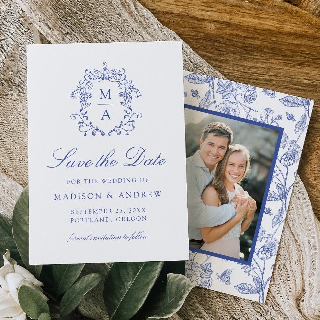 Elegantes Blue Chinoiserie Foto Hochzeit Save The Date (Von Creator hochgeladen)