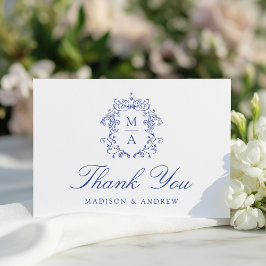 Elegantes Blue Chinoiserie Monogram Wappen Wedding Dankeskarte