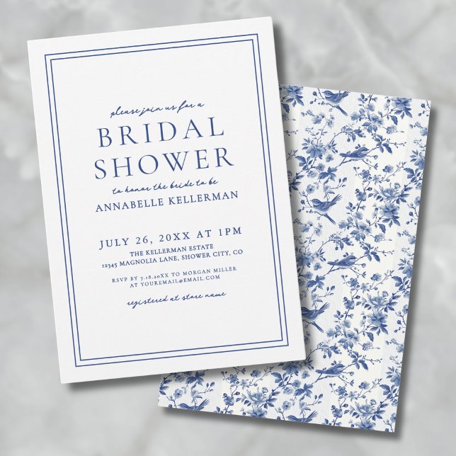 Elegantes Blue Chinoserie Bird Floral Brautparty Einladung (Elegant Blue Chinoserie Bird Floral Bridal Shower Invitation)