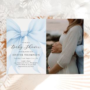 Elegantes Blue Coquette Bow Girl Baby Shower Foto Einladung