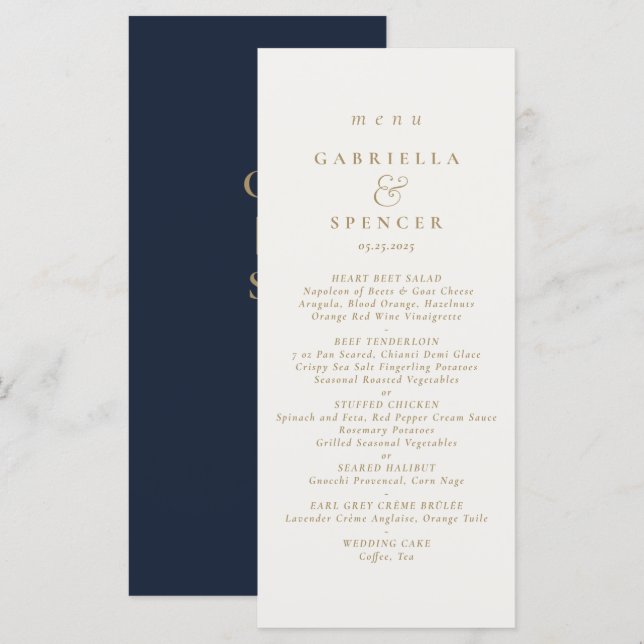 Elegantes Blue Cream Wedding Menu Menükarte (Vorne/Hinten)