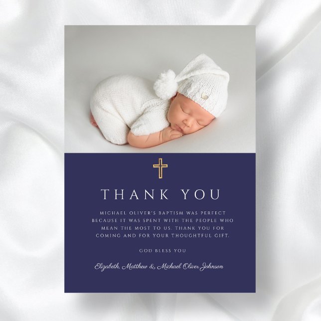 Elegantes Blue Cross Baptism Foto Dankeskarte (Elegant Navy Blue Cross Boy Baptism Photo Thank You Card)