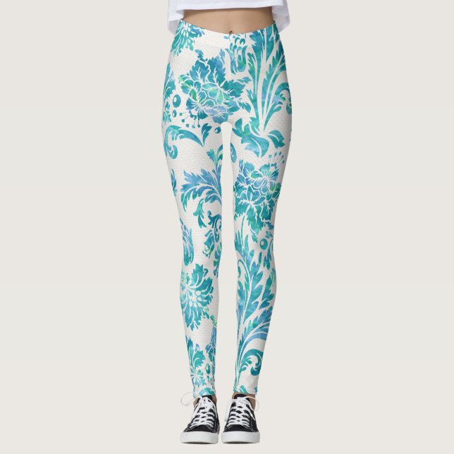Elegantes Blue Damask Muster Leggings (Vorderseite)