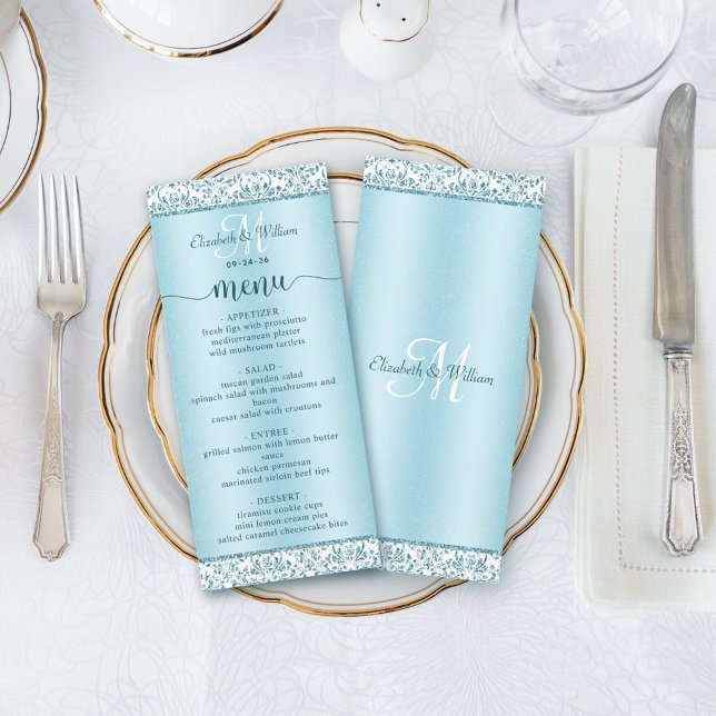 Elegantes Blue Damask Wedding Menu Menükarte (Von Creator hochgeladen)