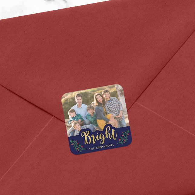 Elegantes Blue Festive Foliage Bright Holiday Foto Quadratischer Aufkleber (Von Creator hochgeladen)