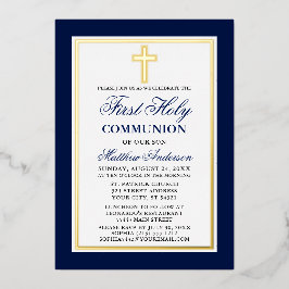 Elegantes Blue First Holy Communion Cross Gold Folieneinladung
