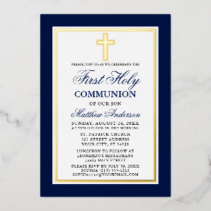 Elegantes Blue First Holy Communion Cross Gold Folieneinladung