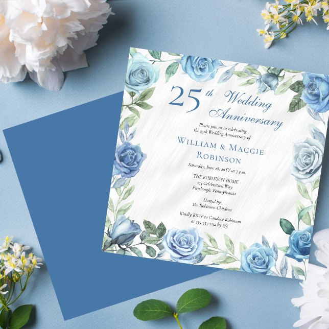 Elegantes Blue Floral 25. Hochzeitstag Party Einladung (Elegant Blue and White with Sage Green Floral Frame Square 25th Wedding Anniversary Party Invitation)