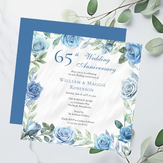 Elegantes Blue Floral 65. Hochzeitstag Party Einladung (Elegant Blue and White with Sage Green Floral Frame Square 65th Wedding Anniversary Party Invitation)