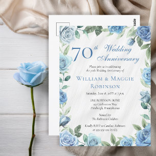 Elegantes Blue Floral 70. Hochzeitstag Party Postkarte
