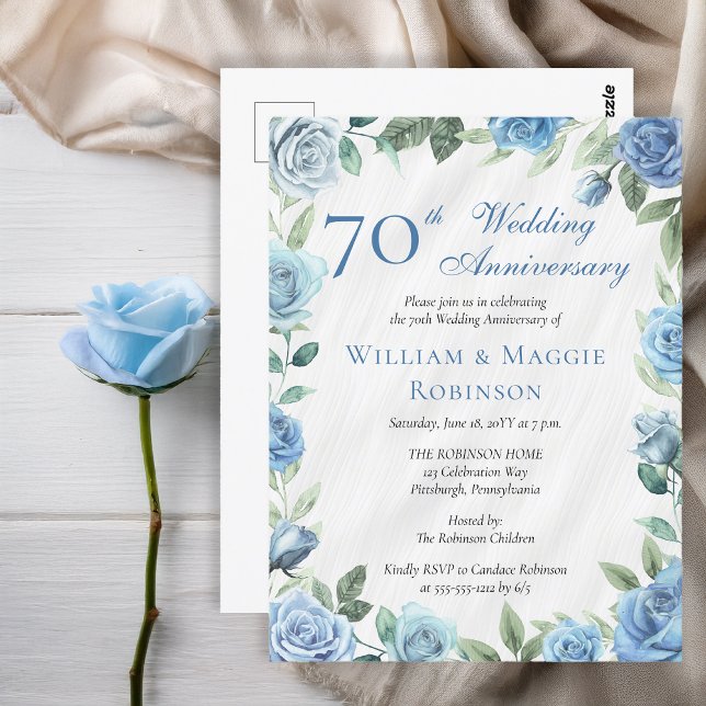 Elegantes Blue Floral 70. Hochzeitstag Party Postkarte (Elegant Blue Rose Floral 70th Wedding Anniversary Party Postcard Invitation)