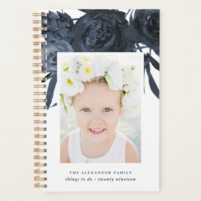 Elegantes Blue Floral Bouquet mit Name und Foto Planer (Vorderseite)