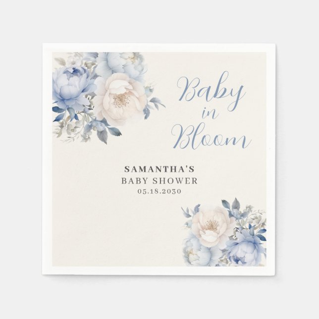 Elegantes Blue Floral Boy Baby in Blütendusche Serviette (Vorderseite)