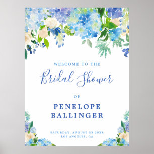 Elegantes Blue Floral Brautparty Begrüßungszeichen Poster