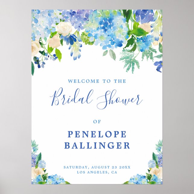 Elegantes Blue Floral Brautparty Begrüßungszeichen Poster (Vorne)