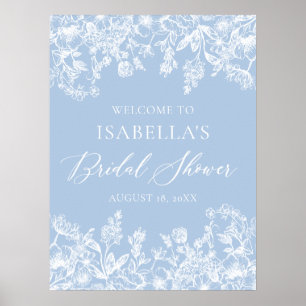 Elegantes Blue Floral Brautparty Begrüßungszeichen Poster