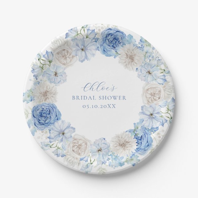 Elegantes Blue Floral Brautparty Pappteller (Vorderseite)