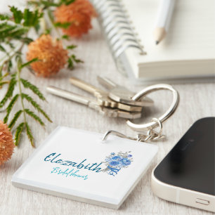 Elegantes Blue Floral Brautparty Schlüsselanhänger