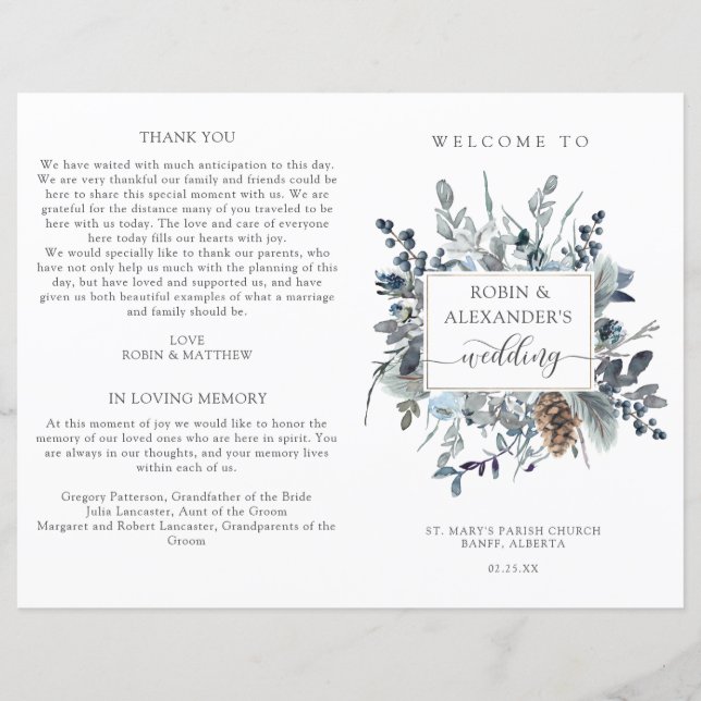 Elegantes Blue Floral, Folded Wedding Programm (Vorderseite)