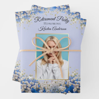 Elegantes Blue Floral Foto Retirement Party Geschenkpapier Set