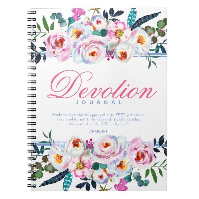 Elegantes Blue Floral Named Devotion Journal Notizblock (Vorderseite)