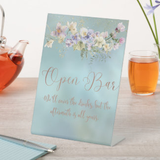 Elegantes Blue Floral Open Bar Sign Sockelschild