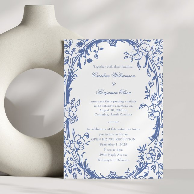 Elegantes Blue Floral Open House Hochzeitsempfang Einladung (Von Creator hochgeladen)
