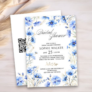 Elegantes Blue Floral QR Code Brautparty Einladung