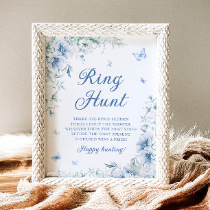 Elegantes Blue Floral Ring Hunt Brautparty Game Poster