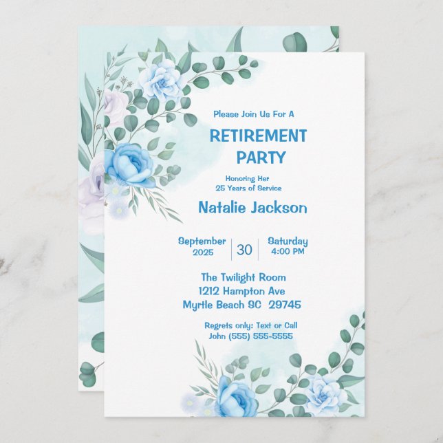 Elegantes Blue Floral Watercolor Retirement Party Einladung (Vorne/Hinten)