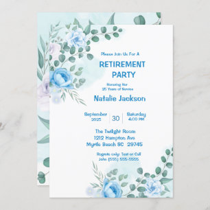 Elegantes Blue Floral Watercolor Retirement Party Einladung