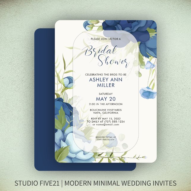 Elegantes Blue Floral Wedding Brautparty Einladung (Von Creator hochgeladen)